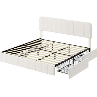 Velvet Bed Frame with 4 Storage Drawers Upholstered Platform Bed, Adjustable Headboard