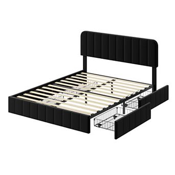 Velvet Bed Frame with 4 Storage Drawers Upholstered Platform Bed, Adjustable Headboard