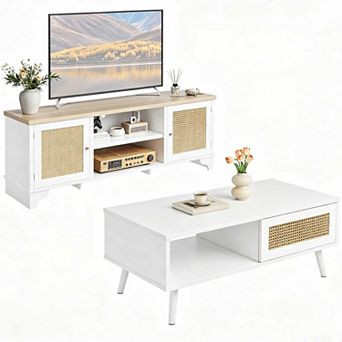 Living Room Table Set of 2 62” Rattan TV Stand & Farmhouse Coffee Table with Storage Shelf