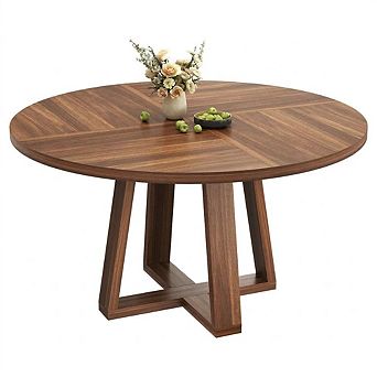 Modern Farmhouse 47" Round Dining Table for 4-6 Sturdy Wood, Sturdy Cross Base Space-Saving