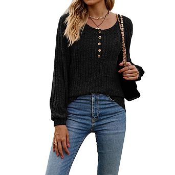 Women's Knitted Pullover Sweaters Lightweight Crew Neck Long Sleeve Henley Tunic Top