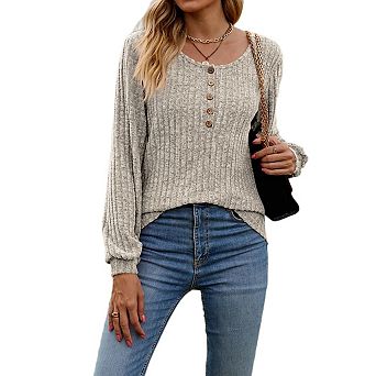 Women's Knitted Pullover Sweaters Lightweight Crew Neck Long Sleeve Henley Tunic Top