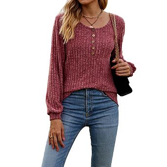 Women's Knitted Pullover Sweaters Lightweight Crew Neck Long Sleeve Henley Tunic Top