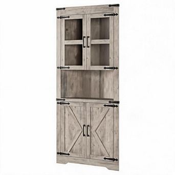 Farmhouse Tall Corner Storage Cabinet with Glass Door Adjustable Shelves Waterproof Freestanding