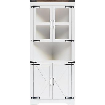 Farmhouse Tall Corner Storage Cabinet with Glass Door Adjustable Shelves Waterproof Freestanding