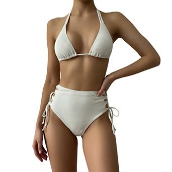 Ribbed Two Piece Bikini Set High Waist Swimwear Side Tie Cutout Bathing Suit