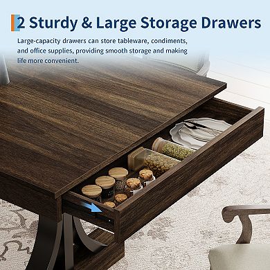 71-Inch Dining Table with 2 Drawers Rectangular for 6-8, Double Pedestal & Sturdy Frame