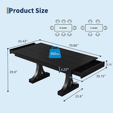 71-Inch Dining Table with 2 Drawers Rectangular for 6-8, Double Pedestal & Sturdy Frame