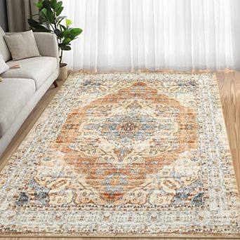 Vintage Medallion Area Rug Washable Rug for Living Rooms Rubber Backing Foldable Accent Printed Mat