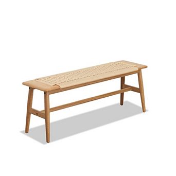 Oak Wood Woven Dining Bench Wood Bench with Hand Woven Chair Surface, for Bedroom, Bathroom