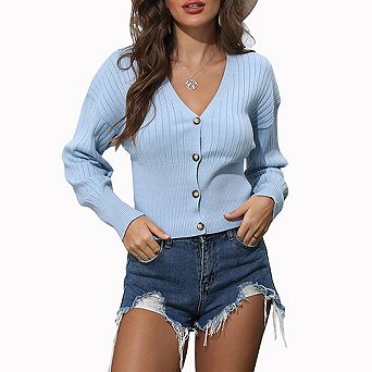 Women's Cropped Button Down Cardigan Sweater v Neck Open Front Ribbed Knit Outerwear