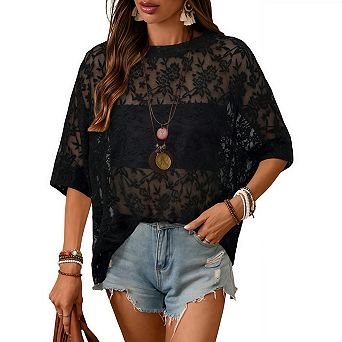Women's Floral Mesh Tops Short Sleeve Crew Neck See Through T Shirts Vacation Festival Outfit