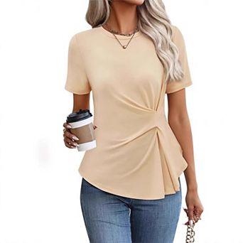Womens Peplum Dressy T Shirt Casual Blouses Short Sleeve Crewneck Twist Elegant Summer Wrap Tops