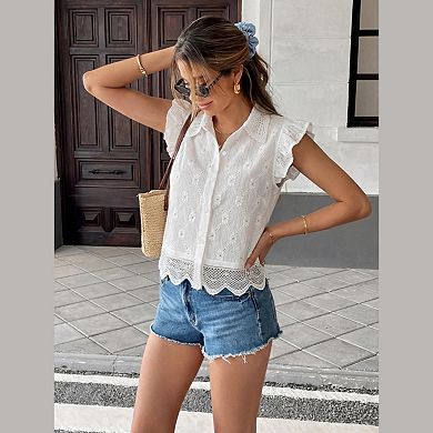 Womens Summer Button Down Shirts Ruffle Cap Sleeve Collared Eyelet Embroidery Blouses Casual Tops