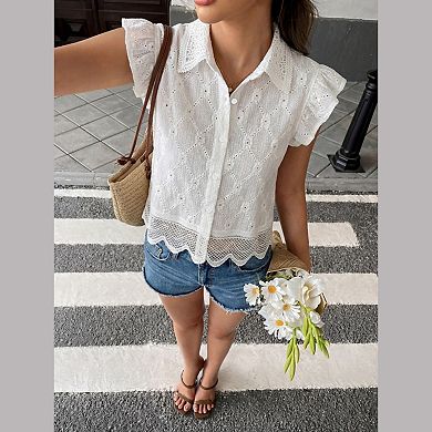 Womens Summer Button Down Shirts Ruffle Cap Sleeve Collared Eyelet Embroidery Blouses Casual Tops