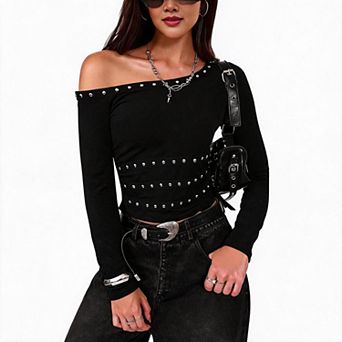 Womens Fashion Crop Shirt Cold One Shoulder Long Sleeve Studded Slim Fit Going Out Tee Tops