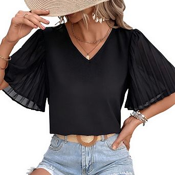 Womens Dressy T Shirt Mesh Pleated Flutter Short Sleeve Tops V Neck Casual Fit Office Work Blouse