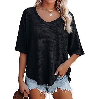 Women's Casual T Shirt Deep V Neck Drop Shoulder Short Sleeve Waffle Tops Loose Fit Blouses