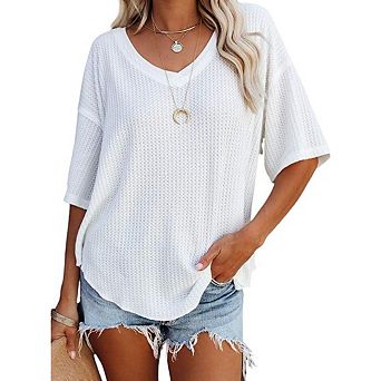 Women's Casual T Shirt Deep V Neck Drop Shoulder Short Sleeve Waffle Tops Loose Fit Blouses