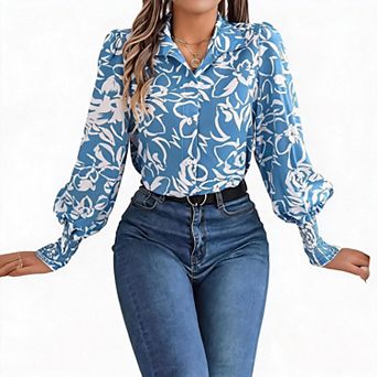 Womens Floral Dressy Blouses Casual Collared Button Down Shirts Elastic Lantern Long Sleeve Boho Top