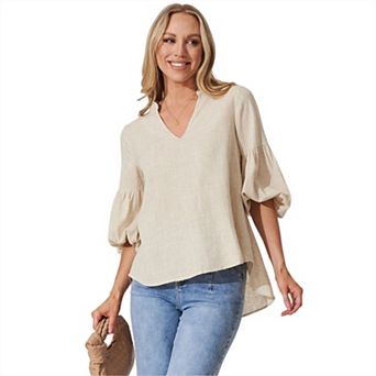 Women's Cute Tops V Neck Drop Shoulder Puff 3/4 Sleeve Flowy Hem Casual Shirts Loose Fit Blouse