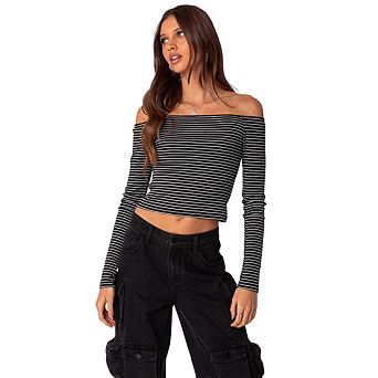 Womens Cropped Tops Off The Shoulder Long Sleeve Shirts Striped Slim Fitted T Shirt Going Out Top