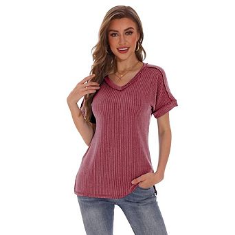 Womens Summer Fashion T Shirt Rolled Short Sleeve Shirts Striped V Neck Tops Classic Fit Clothing