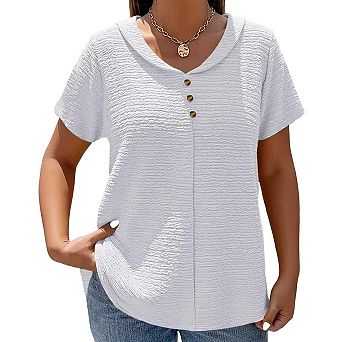 Womens Summer Casual T Shirt Short Sleeve Button Classic Fit Lapel V Neck Textured Office Work Tops