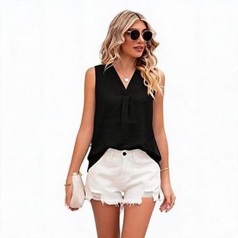 Women Summer Tank Tops V Neck Sleeveless Tunic Casual Basic Shirts Pleated Classic Tees Cute Clothes
