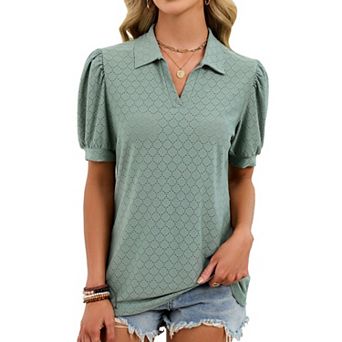 Womens Summer Work T Shirts V Neck Puff Short Sleeve Lapel Collared Blouses Eyelet Tunics Polo Tops