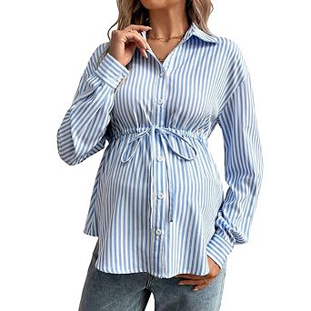 Maternity Shirt Blouse Striped Top Long Sleeve Casual Button Pregnancy Business Maternity