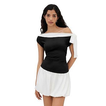 Women's Asymmetrical Tops One Tie Cold One Shoulder Slim Fit Short Sleeve Cute Crop Ruched T Shirt