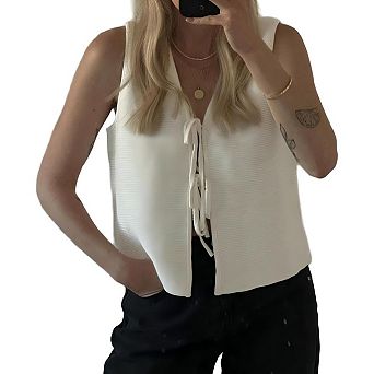 Women's Sleeveless Knit Vest V-Neck Front Tie Knot Casual Layering Sweater Waistcoat