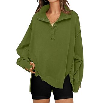 Women's Sweatshirts Oversized Casual Loose Button Up Henley Pullover Top Side Split Fashion Outfits