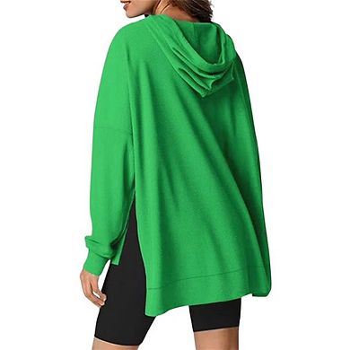 Womens Oversized Hoodies Casual Long Sleeve Waffle Knit Drawstring Side Slit Pullover Sweatshirts