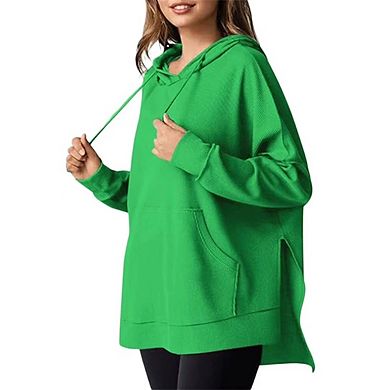 Womens Oversized Hoodies Casual Long Sleeve Waffle Knit Drawstring Side Slit Pullover Sweatshirts