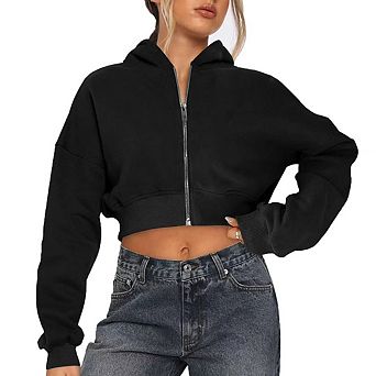 Womens Full Zip Up Cropped Hoodie Sweatshirt 90s Long Sleeve Hooded Crop Jacket Top