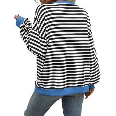 Womens Striped Oversized Sweatshirt Crew Neck Long Sleeve Color Block Casual Pullover Workout Top