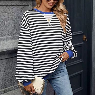 Womens Striped Oversized Sweatshirt Crew Neck Long Sleeve Color Block Casual Pullover Workout Top