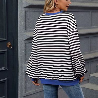 Womens Striped Oversized Sweatshirt Crew Neck Long Sleeve Color Block Casual Pullover Workout Top
