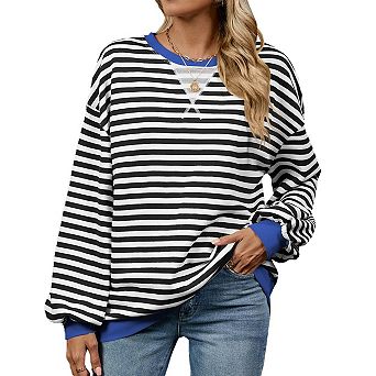 Womens Striped Oversized Sweatshirt Crew Neck Long Sleeve Color Block Casual Pullover Workout Top