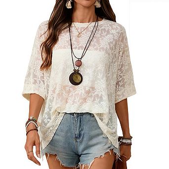 Women's Floral Mesh Tops Short Sleeve Crew Neck See Through T Shirts Vacation Festival Outfit