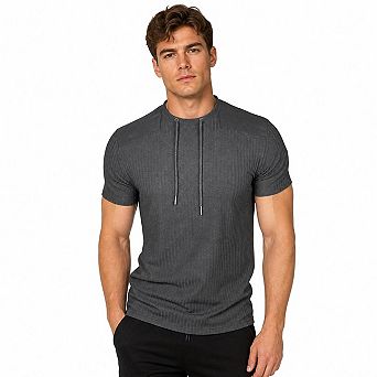 Men's Vertical Ribbed Drawstring Hooded Short Sleeve T Shirt Patchwork Muscle Fit Gym Casual Tees