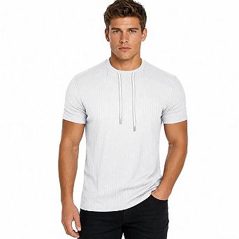 Men's Vertical Ribbed Drawstring Hooded Short Sleeve T Shirt Patchwork Muscle Fit Gym Casual Tees
