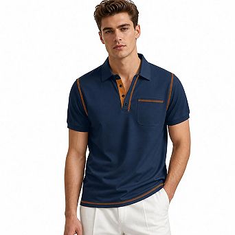 Men's Contrast Stitch Short Sleeve Polo T-Shirt Solid Color Lapel Chest Pocket Casual Golf Tees