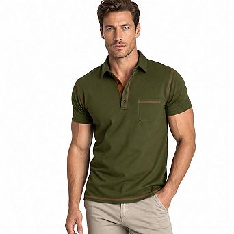 Men's Contrast Stitch Short Sleeve Polo T-Shirt Solid Color Lapel Chest Pocket Casual Golf Tees