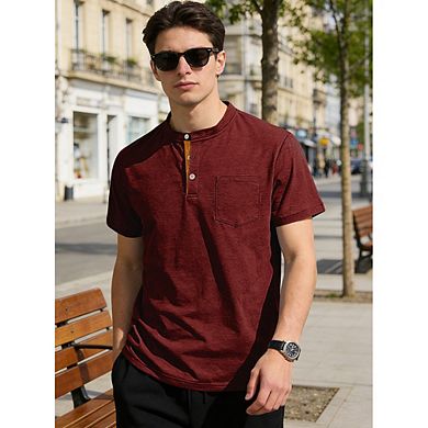 Men's Slub Cotton Henley Short Sleeve T Shirt 2 Button Chest Pocket Solid Casual Basic Tees