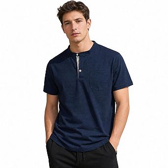 Men's Slub Cotton Henley Short Sleeve T Shirt 2 Button Chest Pocket Solid Casual Basic Tees