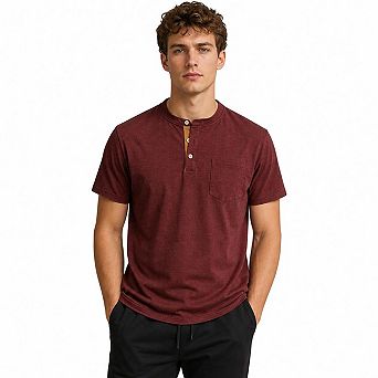Men's Slub Cotton Henley Short Sleeve T Shirt 2 Button Chest Pocket Solid Casual Basic Tees
