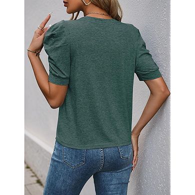 Crew Neck Ruched-Shoulder Tee, Heather Jersey Loose Fit Top